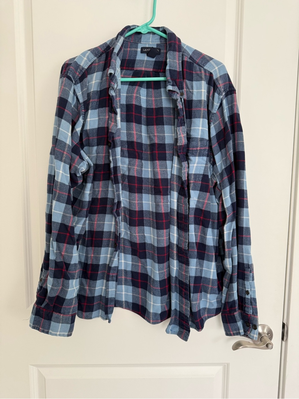 Lands' End Navy, Light Blue & Red Plaid Shirt